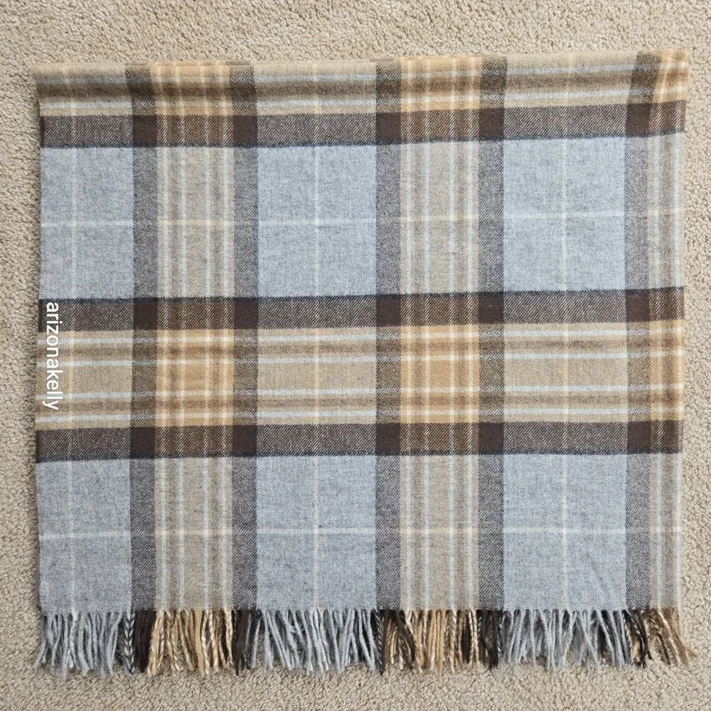NWOT Bronte By Moon Merino Wool Wrap Plaid Tan Brown & Grey